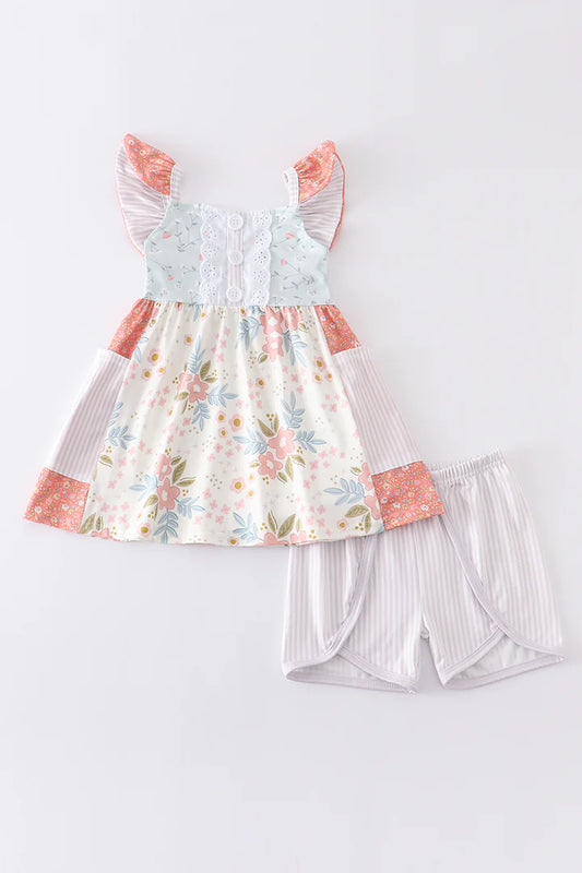 Floral Print Ruffle Buttons Girl Set