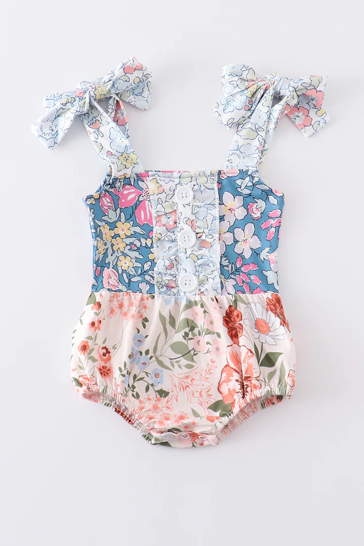 Navy Floral Print Ruffle Buttons Girl Bubble